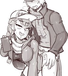 Rule 34 | 1boy, 1girl, breasts, cum, eyebrows, from behind, hat, jacket, jaune arc, long hair, open mouth, pants, penis, phone, ponytail, pubic hair, pyrrha nikos, rwby, scarf, shirt, short hair, simple background, tenk, white background