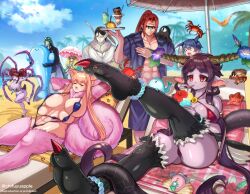 Rule 34 | 4boys, 4girls, abs, arthropod girl, bare hips, bikini, black gloves, blush, breasts, cat girl, chifuyuappleton, cleavage, colored skin, dark skin, demon, demon girl, demon horns, demon tail, extra breasts, full body, gloves, horns, huge breasts, insect girl, large breasts, monster girl, multiple boys, multiple girls, nail polish, one eyed, original, pointy ears, purple hair, purple skin, red eyes, revealing clothes, simple background, spider girl, swimsuit, tail, thighhighs, wide hips