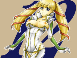 Rule 34 | 00s, 1girl, :o, blonde hair, blue eyes, blunt bangs, bodysuit, breasts, cameltoe, code geass, female focus, hair ribbon, iclining, large breasts, long hair, md5 mismatch, monica kruszewski, nipple slip, nipples, open mouth, resolution mismatch, ribbon, short twintails, side slit, skin tight, solo, source larger, standing, twintails, uniform