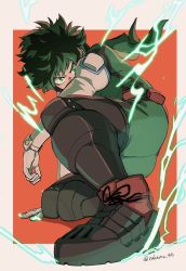 Rule 34 | 1boy, arm rest, arm support, artist name, belt pouch, black footwear, boku no hero academia, boots, commentary request, covered mouth, cross-laced footwear, elbow gloves, electricity, freckles, full body, furrowed brow, gloves, green eyes, green hair, green jumpsuit, highres, hood, hood down, jumpsuit, knee pads, lace-up boots, long sleeves, looking at viewer, male focus, midoriya izuku, nakamu 405, pouch, red footwear, sanpaku, serious, short hair, solo, white gloves