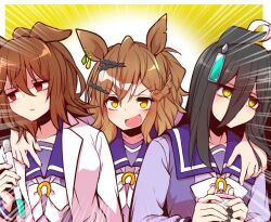 Rule 34 | 3girls, agnes tachyon (umamusume), ahoge, bow, bowtie, braid, brown hair, collarbone, cup, earrings, ears down, emphasis lines, empty eyes, furrowed brow, hair between eyes, hair ornament, hairclip, hand on another&#039;s shoulder, holding, holding cup, holding test tube, horseshoe ornament, jewelry, jungle pocket (umamusume), lab coat, long bangs, long sleeves, manhattan cafe (umamusume), medium hair, messy hair, mug, multicolored hair, multiple girls, notched ear, open mouth, outside border, purple sailor collar, red eyes, sailor collar, school uniform, single earring, test tube, tracen school uniform, two-tone hair, umamusume, v-shaped eyebrows, white bow, white bowtie, white hair, winter uniform, yellow background, yellow eyes, yonedatomo mizu