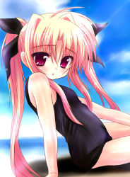 Rule 34 | 00s, arm support, blonde hair, blush, fate testarossa, long hair, lyrical nanoha, mahou shoujo lyrical nanoha, one-piece swimsuit, red eyes, ribbon, school swimsuit, shaian, sitting, solo, swimsuit, twintails, very long hair