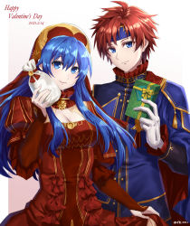 Rule 34 | 1boy, 1girl, blue eyes, blue hair, blue headband, blue jacket, box, breasts, cleavage, commentary, dated, dress, english commentary, fire emblem, fire emblem: the binding blade, gift, gift box, gloves, gradient background, hair between eyes, happy tears, headband, highres, holding, holding box, jacket, juliet sleeves, lilina (fire emblem), lilina (valentine) (fire emblem), long hair, long sleeves, looking at viewer, nintendo, puffy sleeves, red dress, red hair, roy (fire emblem), roy (valentine) (fire emblem), shinae, short hair, smile, tears, upper body, white background, white gloves