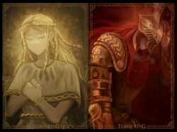 Rule 34 | 1boy, 1girl, amputee, armor, blonde hair, bracelet, braid, brother and sister, cape, closed eyes, closed mouth, covered eyes, crown braid, dress, elden ring, gold armor, gold bracelet, gold trim, helmet, helmet over eyes, highres, jewelry, long hair, malenia blade of miquella, miquella (elden ring), multiple braids, prosthesis, prosthetic arm, red cape, red hair, siblings, side braid, side braids, temmaru1, triple amputee, tunic, twin braids, twins, wavy hair, white tunic, winged helmet