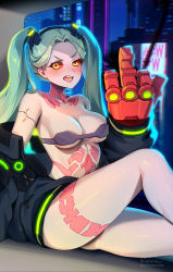 Rule 34 | 1girl, alternate breast size, artificial eye, bare shoulders, black bra, black jacket, bra, breasts, cleavage, collarbone, colored sclera, colored skin, cyberpunk (series), cyberpunk edgerunners, fewer digits, forehead, foxyreine, green hair, hairband, highres, jacket, leg tattoo, long hair, long sleeves, looking at viewer, mechanical eye, medium breasts, middle finger, neck tattoo, off shoulder, open mouth, parted bangs, rebecca (cyberpunk), red eyes, red sclera, sitting, solo, stomach tattoo, tattoo, thighs, twintails, underwear, white skin