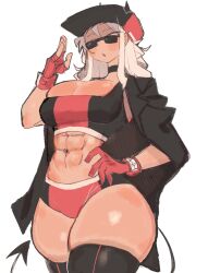 Rule 34 | 1girl, abs, black jacket, breasts, buruma, choker, cleavage, crop top, demon girl, demon horns, demon tail, fingerless gloves, gloves, hand on own hip, hand up, hat, helltaker, highres, horns, horns through headwear, jacket, justice (helltaker), large breasts, long hair, looking at viewer, midriff, navel, sidelocks, sunglasses, tail, tan, thick thighs, thighhighs, thighs, usa37107692, white eyes, white hair, wide hips, zettai ryouiki