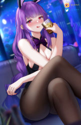 Rule 34 | 1girl, :q, absurdres, alcohol, black pantyhose, blue hair, bow, bowtie, braid, breasts, crossed legs, cup, drinking glass, genshin impact, heart, heart-shaped pupils, highres, holding, holding cup, hong bai, large breasts, long hair, looking at viewer, low-braided long hair, low-tied long hair, multicolored hair, pantyhose, purple bow, purple bowtie, purple eyes, purple hair, raiden shogun, sitting, solo, symbol-shaped pupils, tongue, tongue out, two-tone hair, very long hair