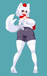 Rule 34 | 1girl, alternate costume, animal ear fluff, animal ears, aqua background, ass, bare shoulders, boots, breasts, clothing request, commentary, elbow gloves, fang, full body, gensin, gloves, hat, high heels, huge breasts, inubashiri momiji, large breasts, looking back, lowres, medium hair, open mouth, pixel art, red eyes, red scarf, scarf, shirt, simple background, sleeveless, sleeveless shirt, solo, spandex, standing, tail, teal background, thick eyebrows, thigh boots, thighhighs, tokin hat, touhou, white gloves, white hair, white shirt, white thighhighs, wolf ears, wolf tail