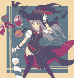 Rule 34 | 1girl, bat (animal), blood, blood bag, blue background, blue eyes, blunt bangs, dress, feet out of frame, garter belt, glasses, gloves, grey hair, halloween, hand on headwear, hat, highres, holding, intravenous drip, kotoribako, long hair, looking to the side, original, parted lips, puffy short sleeves, puffy sleeves, pumpkin, purple dress, purple thighhighs, ribbed legwear, scar, short sleeves, standing, thighhighs, torn clothes, white gloves, witch, witch hat