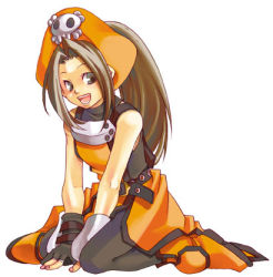 Rule 34 | 1girl, arc system works, guilty gear, hat, lowres, may (guilty gear), orange hat, orange shirt, pantyhose, pirate, pirate hat, ponytail, shirt, skull, skull and crossbones, solo