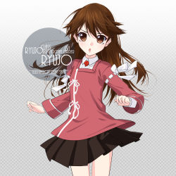 Rule 34 | 1girl, alternate hairstyle, artist name, black skirt, brown hair, character name, checkered background, commentary request, cowboy shot, flat chest, gradient background, grey background, hair down, inaba shiki, japanese clothes, kantai collection, kariginu, long hair, looking at viewer, magatama, red shirt, ryuujou (kancolle), shirt, skirt, solo, standing