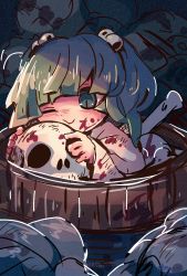 Rule 34 | 1girl, blood, blood on face, bucket, commentary request, green eyes, green hair, hair bobbles, hair ornament, highres, in bucket, in container, kisume, long sleeves, mame komari, nosebleed, one-hour drawing challenge, one eye closed, shirt, skull, smile, solo, touhou, white shirt, wooden bucket