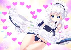 Rule 34 | 1girl, :d, aged down, apron, azur lane, belfast (azur lane), black panties, blue dress, blue eyes, blush, bow, bow panties, braid, collarbone, commentary request, dress, dutch angle, elbow gloves, gloves, gluteal fold, hair between eyes, hands up, heart, heart-shaped pupils, heart hands, little bel (azur lane), long hair, looking at viewer, maid, maid headdress, one side up, open mouth, panties, sawa (sawasaku), signature, silver hair, sleeveless, sleeveless dress, smile, solo, sparkle, symbol-shaped pupils, underwear, waist apron, white apron, white gloves