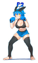 Rule 34 | 1girl, absurdres, animal ears, black choker, black hairband, black sports bra, black thighhighs, blue gloves, blue hair, blue shorts, blush, borrowed character, boxing gloves, breasts, choker, cleavage, dif (difman), dolphin shorts, fake animal ears, fighting game, fighting stance, full body, gameplay mechanics, gloves, hairband, highres, large breasts, midriff, niwarhythm, no shoes, original, rabbit ears, short hair, shorts, skindentation, smile, solo, sports bra, stirrup legwear, thick thighs, thighhighs, thighs, toeless legwear, toenails, toes, white background, yellow eyes