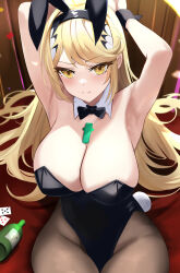 Rule 34 | 1girl, animal ears, armpits, arms up, bare shoulders, blonde hair, bow, breasts, chest jewel, cleavage, detached collar, fake animal ears, large breasts, leotard, long hair, looking at viewer, mythra (xenoblade), playboy bunny, rabbit ears, smile, solo, strapless, strapless leotard, swept bangs, tomas (kaosu22), very long hair, wrist cuffs, xenoblade chronicles (series), xenoblade chronicles 2, yellow eyes