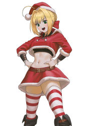 Rule 34 | 1girl, :d, ahoge, alternate costume, blonde hair, boots, bow, braid, carlo montie, fate/grand order, fate (series), french braid, green eyes, hair between eyes, hands on own hips, hat, midriff, navel, nero claudius (fate), nero claudius (fate) (all), nero claudius (fate/extra), open mouth, red bow, santa hat, sidelocks, skirt, smile, striped clothes, striped thighhighs, thighhighs, thighs