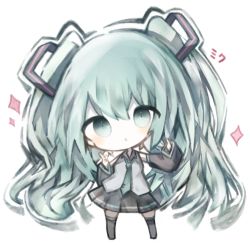 Rule 34 | 1girl, bad id, bad pixiv id, bare shoulders, black skirt, black sleeves, black thighhighs, blush, chibi, collared shirt, commentary request, cottontailtokki, detached sleeves, full body, green eyes, green hair, green necktie, grey shirt, hair between eyes, hair ornament, hatsune miku, index finger raised, long sleeves, necktie, parted lips, pleated skirt, shirt, simple background, skirt, sleeveless, sleeveless shirt, sleeves past wrists, solo, sparkle, standing, thighhighs, tie clip, twintails, vocaloid, white background