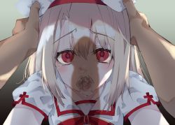 Rule 34 | 1boy, 1girl, after fellatio, beret, blonde hair, blush, commentary request, cum, cum bubble, cum in mouth, cum in nose, fate/kaleid liner prisma illya, fate (series), from above, gradient background, hands on another&#039;s head, hat, hetero, highres, illyasviel von einzbern, looking at viewer, male hand, medium hair, open mouth, penis shadow, pov, red eyes, shadow, short sleeves, sidelocks, solo focus, suujiniku, tearing up, tears, white hair, white headwear