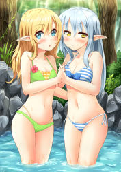 Rule 34 | 2girls, bad id, bad pixiv id, bikini, blonde hair, blue eyes, blue hair, blush, boulder, breasts, cleavage, elf, flower, forest, highres, holding hands, interlocked fingers, long hair, looking at viewer, medium breasts, midriff, multiple girls, nature, navel, original, own hands together, partially submerged, pointy ears, rock, shy, side-tie bikini bottom, small breasts, stone, swimsuit, tree, uji yuki, wading, water, wet, yellow eyes