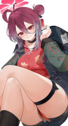 Rule 34 | 1girl, absurdres, antenna hair, black choker, black socks, blue archive, breasts, choker, crossed legs, dress, earrings, floral print, from below, grin, hair between eyes, hair bun, halo, highres, jacket, jewelry, kneehighs, large breasts, long sleeves, looking at viewer, mimizuku (mmiganaru), mole, mole on chest, mole on thigh, mole under eye, open clothes, open jacket, print dress, red dress, red eyes, red hair, reijo (blue archive), short dress, simple background, single side bun, sitting, smile, socks, solo, thigh strap, white background
