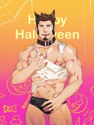 Rule 34 | 1boy, abs, animal costume, animal ears, bara, bare pectorals, belt collar, blood, blue eyes, briefs, brown hair, bulge, collar, cowboy shot, facial hair, fate/grand order, fate (series), goatee, halloween, halloween costume, happy halloween, highres, icelernd, long sideburns, looking at viewer, male focus, male underwear, muscular, napoleon bonaparte (fate), navel, nipples, pectorals, scar, scar on chest, shirt, short hair, sideburns, solo, stubble, tank top, thick thighs, thighs, tongue, tongue out, torn clothes, torn shirt, underwear, white tank top, wolf costume, wolf ears