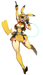Rule 34 | 1girl, absurdres, ahoge, animal ears, boots, breasts, creatures (company), fake animal ears, full body, game freak, gen 1 pokemon, high heel boots, high heels, highres, large breasts, microphone, narrow waist, nintendo, personification, pikachu, pokemon, skin tight, solo, spacezin, tail, thighhighs, thighs, white background