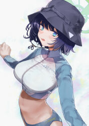 Rule 34 | 1girl, bikini, blue archive, blue bikini, blush, breasts, bucket hat, halo, hat, highres, kojima (blue stardust), large breasts, long sleeves, looking at viewer, official alternate costume, purple eyes, raglan sleeves, rash guard, saki (blue archive), saki (swimsuit) (blue archive), sideways glance, signature, simple background, solo, swimsuit