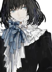Rule 34 | 1boy, alternate costume, artist name, black hair, black shirt, blue bow, blue eyes, bow, fate/grand order, fate (series), frilled shirt, frills, highres, long sleeves, looking to the side, male focus, medium hair, oberon (fate), oberon (third ascension) (fate), shirt, simple background, solo, surume (su1193), upper body, white background