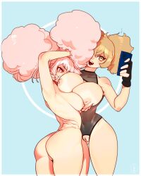 Rule 34 | 2girls, afro puffs, angry, ass, asymmetrical docking, back, blue background, breast press, breasts, brown eyes, cellphone, cheunchin, chuatury panlunch, completely nude, cowboy shot, fingerless gloves, gloves, grabbing, grabbing another&#039;s breast, gundam, gundam suisei no majo, hand on another&#039;s face, highres, huge breasts, large breasts, light brown hair, long hair, multiple girls, navel, nipples, nude, open mouth, phone, pink eyes, pink hair, pussy, renee costa, see-through, selfie, simple background, smartphone, teeth, yuri