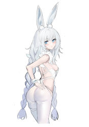 Rule 34 | 1girl, absurdres, animal ear fluff, animal ears, azur lane, blush, braid, breasts, closed mouth, cowboy shot, echj, frills, from side, hand on own hip, highres, le malin (azur lane), le malin (listless lapin) (azur lane), leotard, long hair, looking at viewer, looking to the side, official alternate costume, pantyhose, purple eyes, rabbit ears, rabbit tail, short sleeves, sideboob, sidelocks, simple background, small breasts, solo, standing, tail, twin braids, white background, white hair, white leotard, white pantyhose, wrist cuffs