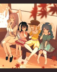 Rule 34 | 4girls, ahoge, animal ears, autumn leaves, bad id, bad pixiv id, bare legs, barefoot, between legs, black footwear, black hair, blonde hair, bloomers, blue dress, blue hair, brown headwear, cabbie hat, carrot necklace, collared shirt, commentary request, cup, dango, dress, drinking, closed eyes, floppy ears, food, hair between eyes, hand between legs, hands up, hat, highres, holding, holding cup, inaba tewi, long hair, low twintails, miniskirt, multiple girls, necklace, necktie, outdoors, pink dress, pointing, puffy short sleeves, puffy sleeves, purple hair, rabbit ears, red eyes, red neckwear, reisen udongein inaba, ringo (touhou), seiran (touhou), shirt, shoes, short hair, short sleeves, shorts, sitting, skirt, smile, socks, touhou, towako (10wk0), twintails, underwear, very long hair, wagashi, white legwear, white shirt, wing collar, yellow shirt, yellow shorts