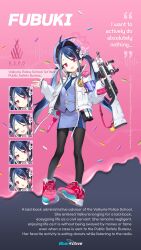 Rule 34 | 1girl, absurdres, antenna hair, black pantyhose, blue archive, blue hair, blue headwear, blue necktie, blue vest, bow, dark blue hair, doughnut, expressions, food, fubuki (blue archive), full body, grey hair, gun, hair bow, hair ornament, halo, hat, heart, heart hair ornament, highres, jacket, light blue hair, long hair, long sleeves, looking at viewer, multicolored hair, necktie, official art, pantyhose, police, police badge, police hat, police uniform, policewoman, red eyes, rifle, ruger mini-14, standing, streaked hair, twintails, uniform, vest, walkie-talkie, weapon, white bow, white jacket