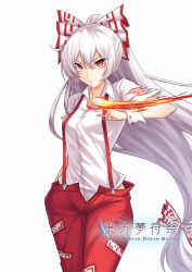 Rule 34 | 1girl, bow, breasts, chinese commentary, commentary request, cowboy shot, fire, fujiwara no mokou, hair between eyes, hair bow, hand in panties, koissa, long hair, looking at viewer, medium breasts, midriff peek, ofuda, open fly, panties, pants, ponytail, red eyes, red pants, shirt, silver hair, simple background, solo, standing, suspenders, suspenders gap, thighs, torn clothes, torn sleeves, touhou, underwear, v-shaped eyebrows, very long hair, white background, white bow, white shirt, wing collar, wrist cuffs