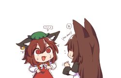 Rule 34 | ..., 2girls, animal ears, artist self-insert, brown eyes, brown hair, cat ears, chen, earrings, english text, fang, green headwear, hat, imaizumi kagerou, jewelry, long hair, long sleeves, looking at another, mob cap, multiple girls, open mouth, scared, shaded face, short hair, simple background, single earring, smile, speech bubble, spoken ellipsis, sweat, touhou, trembling, white background, wool (miwol)