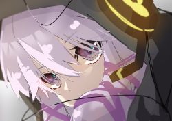 Rule 34 | 1girl, absurdres, animal print, black jacket, commentary, covered mouth, glowing, grey background, hair ornament, hairclip, headphones, headset, highres, hood, hood up, jacket, kashisuover, looking at viewer, portrait, purple eyes, purple hair, rabbit print, sidelocks, solo, vocaloid, voiceroid, yuzuki yukari, yuzuki yukari (lin), yuzuki yukari (vocaloid4)