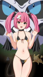 Rule 34 | 1girl, 2others, :3, :d, absurdres, bikini, black bikini, blush, breasts, cleavage, collarbone, commentary request, cosplay, creatures (company), demon girl, demon girl (cosplay), demon tail, demon wings, eyelashes, fangs, fingernails, flat chest, game freak, gen 1 pokemon, gen 3 pokemon, glalie, grey eyes, hair ornament, hands up, highres, horns, kimowota imo, long hair, looking at viewer, micro bikini, multiple others, naughty face, navel, nintendo, open mouth, pikachu, pink hair, pokemon, pokemon (anime), pokemon (creature), pokemon horizons, raised eyebrows, coral (pokemon), shiny skin, side-tie bikini bottom, smile, swimsuit, tail, thong, thong bikini, tongue, twintails, wings