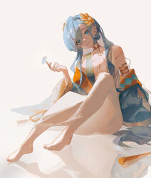 Rule 34 | 1girl, 37 (reverse:1999), absurdres, ancient greek clothes, arm support, armlet, bare shoulders, barefoot, blue butterfly, blue eyes, blue hair, blue robe, breasts, bug, butterfly, butterfly on hand, full body, greco-roman clothes, hair between eyes, hand up, head tilt, highres, insect, knees up, laurel crown, long hair, looking at viewer, mimaki pv, off shoulder, on ground, open clothes, open robe, plunging neckline, reflective floor, reverse:1999, robe, sitting, small breasts, smile, solo, toga, very long hair, white background, wide sleeves