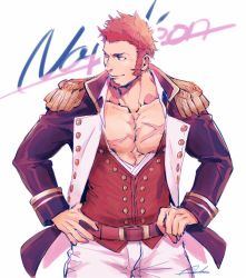 Rule 34 | 1boy, abs, artist name, asukasuka, bara, beard, belt, black ribbon, blue eyes, brown hair, character name, closed mouth, collar, collared shirt, cowboy shot, epaulettes, facial hair, fate/grand order, fate (series), fringe trim, goatee, hand on own hip, jacket, long sideburns, long sleeves, male focus, military, military uniform, muscular, napoleon bonaparte (fate), open clothes, open jacket, open shirt, pants, pectoral cleavage, pectorals, revealing clothes, ribbon, scar, shirt, short hair, sideburns, signature, simple background, sketch, smile, solo, standing, tight clothes, uniform, white background, white pants