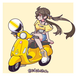 1girl absurdres ahoge alternate_costume artist_name black_choker black_sports_bra blue_shorts border braid breasts brown_hair brown_thighhighs casual choker cleavage cleavage_cutout clothing_cutout cream_oo crown_braid denim denim_shorts earrings floating_hair full_body helmet highres honkai:_star_rail honkai_(series) jewelry long_hair looking_ahead low_twintails medium_breasts motor_vehicle motorcycle_helmet on_scooter profile scar scar_on_face scooter shoes shorts simple_background single_off_shoulder single_thighhigh sitting sneakers solo sports_bra sushang_(honkai:_star_rail) thighhighs turning_head twintails unworn_headwear unworn_helmet vespa white_border yellow_background yellow_eyes yellow_footwear