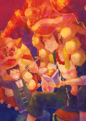 Rule 34 | 2boys, black hair, brother, brothers, chinese clothes, chopsticks, dragon, eating, food, freckles, happy, hat, jewelry, lantern, male focus, mask, monkey d. luffy, mouth hold, multiple boys, muscular, necklace, one piece, open clothes, open shirt, paper lantern, portgas d. ace, scar, shirt, siblings, sitting, smile, teeth