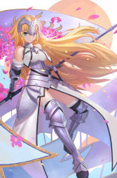Rule 34 | 1girl, alternate costume, armor, armored dress, bare shoulders, blonde hair, blue eyes, circlet, duan henglong, fate/apocrypha, fate/grand order, fate (series), flag, flower, fur-trimmed legwear, fur trim, greaves, highres, jeanne d&#039;arc (fate), jeanne d&#039;arc (ruler) (fate), jeanne d&#039;arc (third ascension) (fate), long hair, looking at viewer, petals, smile, solo, thighhighs, zettai ryouiki