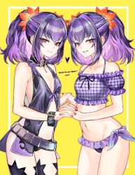 Rule 34 | 2girls, belt, bikini, black choker, braid, choker, clone, collar, commission, flower, hair flower, hair ornament, heart, highres, holding hands, looking at viewer, mole, mole under eye, multiple girls, nail polish, off-shoulder bikini, off shoulder, osiri siri siri, purple eyes, purple hair, red nails, revealing clothes, sideless outfit, skeb commission, smile, swimsuit, symonne (tales), tales of (series), tales of zestiria, thank you, thighhighs, twintails, yellow background
