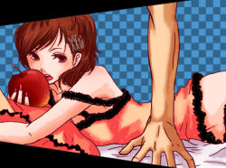 Rule 34 | 1girl, apple, atlus, bad id, bad pixiv id, bare shoulders, bed, brown eyes, brown hair, camisole, food, frilled pillow, frills, fruit, hair ornament, hairclip, lying, midriff, nail polish, persona, persona 3, persona 3 portable, pillow, pink nails, romeo to cinderella (vocaloid), shiomi kotone, short hair, solo focus, tank top, vocaloid