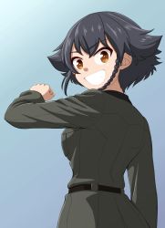 Rule 34 | 1girl, anzio military uniform, belt, black belt, black hair, black shirt, blue background, braid, brown eyes, clenched hand, commentary, dress shirt, from side, girls und panzer, gradient background, grey jacket, grin, highres, jacket, long sleeves, looking at viewer, military, military uniform, pepperoni (girls und panzer), ruka (piyopiyopu), shirt, short hair, side braid, smile, solo, uniform, upper body