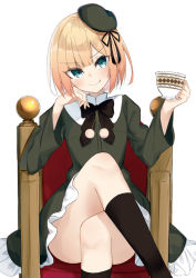 Rule 34 | &gt;:), 1girl, aged down, armchair, beret, black bow, black hat, black ribbon, black socks, blonde hair, blush, bow, chair, closed mouth, commentary request, crossed legs, cup, dress, fate (series), green dress, green eyes, hair ribbon, hat, head tilt, holding, holding cup, kavka, kneehighs, long sleeves, lord el-melloi ii case files, reines el-melloi archisorte, ribbon, short hair, simple background, sitting, smile, socks, solo, tilted headwear, v-shaped eyebrows, white background
