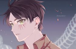 Rule 34 | 1boy, blurry, blurry background, brown hair, brown jacket, eren yeager, facial mark, gradient background, green eyes, grey background, highres, jacket, looking at viewer, looking to the side, male focus, parted bangs, parted lips, shingeki no kyojin, short hair, skeleton, solo, totemonemuuui, upper body