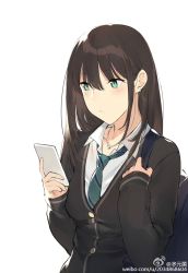 Rule 34 | 1girl, bag, brown hair, cardigan, cellphone, chinese commentary, commentary request, duoyuanjun, earrings, expressionless, green eyes, highres, idolmaster, idolmaster cinderella girls, jewelry, long hair, long sleeves, looking at phone, necklace, necktie, phone, school bag, school uniform, shibuya rin, shirt, solo, white background, white shirt