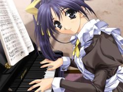 Rule 34 | 00s, 1girl, game cg, hashimoto takashi, instrument, itou noemi, long sleeves, looking at viewer, maid, music, musical note, piano, playing instrument, purple eyes, purple hair, sheet music, sleeve cuffs, solo, waitress, with you