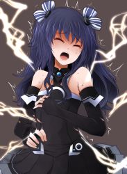 Rule 34 | 10s, 1girl, arano oki, bare shoulders, black hair, blush, elbow gloves, electricity, electrocution, closed eyes, gloves, hair ornament, long hair, neptune (series), open mouth, saliva, solo, tears, uni (neptunia)