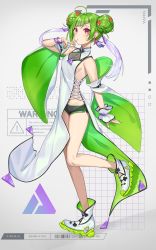Rule 34 | 1girl, absurdres, barcode, black shorts, blush, boots, breasts, delutaya, detached sleeves, double bun, dress, earrings, english text, green hair, grey background, groin, hair behind ear, hair bun, hatsuno xxx, highres, indie virtual youtuber, jewelry, red eyes, short shorts, shorts, sideboob, small breasts, solo, triangle earrings, virtual youtuber, white dress, white footwear, wrist cuffs